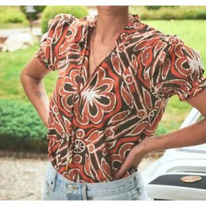 ~Rare The Odells Med Boho Top Vneck Tie Ruffle Short Balloon Sleeve Brown Rust